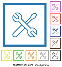 Llave cruzada y el destornillador dibujan iconos de color plano en marcos cuadrados sobre fondo blanco