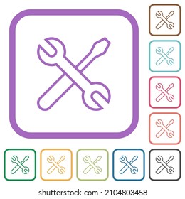 Llave cruzada y destornillador contorno iconos simples en marcos cuadrados redondeados de color sobre fondo blanco