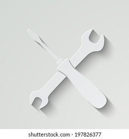 crossed wrench and screwdriver vector icon - paper illustration with shadow on light background