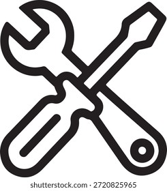 Icono de llave cruzada y llave inglesa que representa los servicios de mantenimiento y reparación en una simple ilustración en blanco y negro.