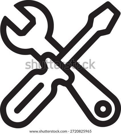 Crossed wrench and spanner icon representing maintenance and repair services in a simple black and white illustration.