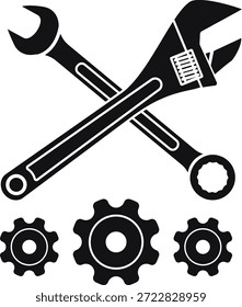 Llave cruzada y llave inglesa con tres engranajes debajo de la Ilustración vectorial Ideal para Diseños mecánicos, de ingeniería, de reparación y de taller