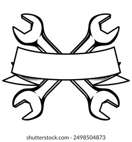 Crossed wrench tool with blank banner. Elements for logo, label, emblem, sign, badge.	
