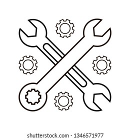 Crossed wrenches and cogwheels on white background