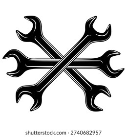 Crossed wrenches forming a radial pattern, industrial tools in bold black and white design.