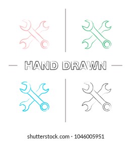 Crossed wrenches hand drawn icons set. Double open ended and combination spanners. Color brush stroke. Isolated vector sketchy illustrations