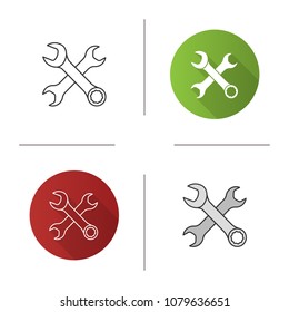 Crossed wrenches icon. Double open ended and combination spanners. Flat design, linear and color styles. Isolated vector illustrations
