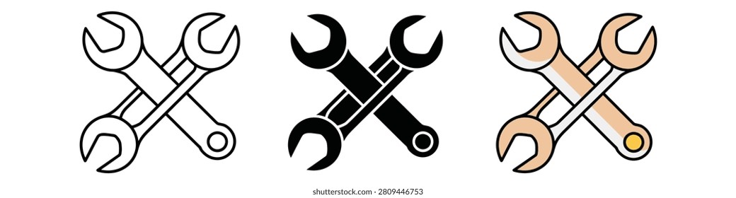 Crossed Wrenches Icons in Black, White and Copper