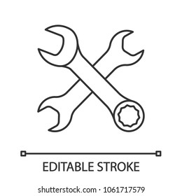 Crossed wrenches linear icon. Thin line illustration. Double open ended and combination spanners. Contour symbol. Vector isolated outline drawing. Editable stroke