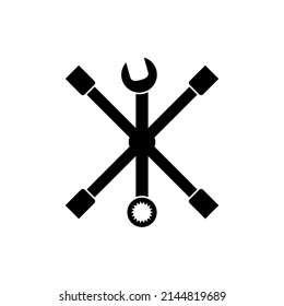 Crossed wrenches logo. Car cross rim wrench icon for wheel and spanner. Hand tool. Isolated vector illustration on white background.