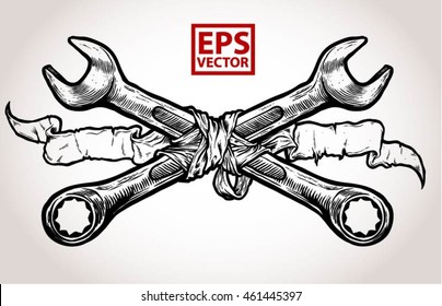 Crossed wrenches and old ribbon graphic vector on a white background