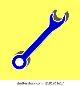 Crossed wrenches sign. Blue Icon with white stroke in 3d at yellow Background. Illustration.