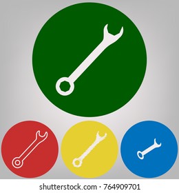 Crossed wrenches sign. Vector. 4 white styles of icon at 4 colored circles on light gray background.