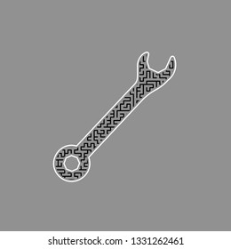 Crossed wrenches sign. Vector. Black maze filled icon with white border at gray background.