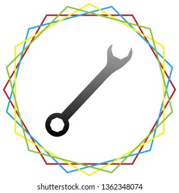 Crossed wrenches sign. Vector. Black icon with patch of light inside colorful hexagonal frames at white background.