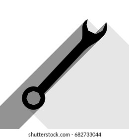 Crossed wrenches sign. Vector. Black icon with two flat gray shadows on white background.