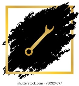 Crossed wrenches sign. Vector. Golden icon at black spot inside golden frame on white background.