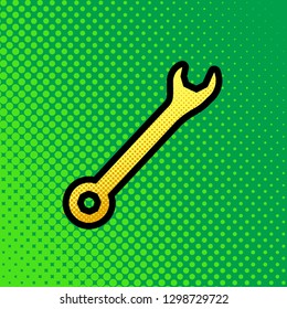 Crossed wrenches sign. Vector. Pop art orange to yellow dots-gradient icon with black contour at greenish background.