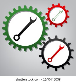 Crossed wrenches sign. Vector. Three connected gears with icons at grayish background.