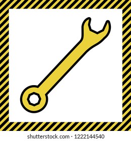 Crossed wrenches sign. Vector. Warm yellow icon with black contour in frame named as under construction at white background. Isolated.