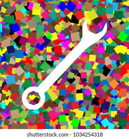 Crossed wrenches sign. Vector. White icon on colorful background with seamless pattern from squares.