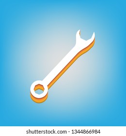 Crossed wrenches sign. Vector. White icon with 3d warm-colored gradient body at sky blue background.