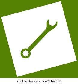 Crossed wrenches sign. Vector. White icon obtained as a result of subtraction rotated square and path. Avocado background.