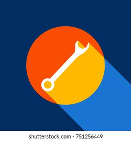 Crossed wrenches sign. Vector. White icon on tangelo circle with infinite shadow of light at cool black background. Selective yellow and bright navy blue are produced.