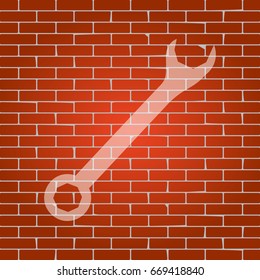 Crossed wrenches sign. Vector. Whitish icon on brick wall as background.