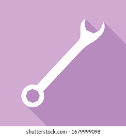 Crossed wrenches sign. White Icon with long shadow at purple background. Illustration.