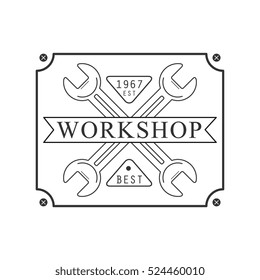 Crossed Wrenches In Square Frame Premium Quality Wood Workshop Monochrome Retro Stamp Vector Design Template