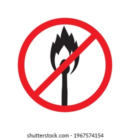 Crossed-out burning match. Red sign prohibiting making a fire. Strict graphic vector icon isolated on white background.
