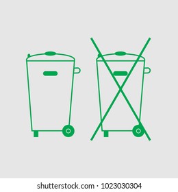 Crossed-out garbage can, sign. No trash bin icon. Container recycle. Vector illustration. Green on light grey background.