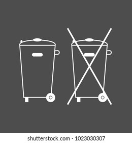 Crossed-out garbage can, sign. No trash bin icon. Container recycle. Vector illustration. White on grey background.