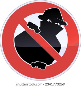 Crossed-out red circular prohibition sign with a masked criminal with a hat (cut out)