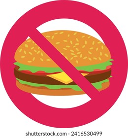 Crossed-out red circular prohibition symbol on a hamburger with its bun with sesame seeds, salad leaves, tomato rings, chopped steak in a flat design style (cut out)