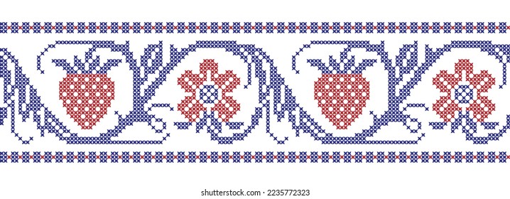 Cross-embroidered border pattern with flowers and strawberries