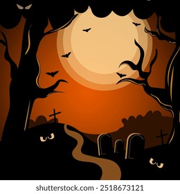 Cruzes em um cemitério plano fundo de halloween, modelo laranja de Halloween na visão do céu à noite com árvore escura, abóbora e lua cheia.