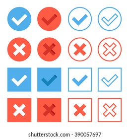 Crosses and check marks icons set. Red and blue web buttons set. Thin line, outline, flat design elements for web banners, web sites, mobile apps, infographics, printed materials. Vector icons set