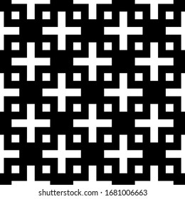 Crosses, checks ornament. Embroidery background. Tribal motif. Folk wallpaper. Cross shapes, squares backdrop. Ethnic mosaic. Seamless pattern. Digital paper, textile print, abstract. Vector artwork.