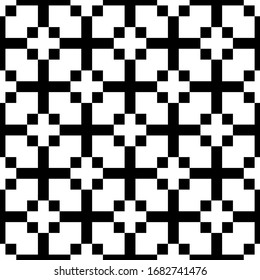 Crosses, checks ornament. Folk wallpaper. Cross shapes, squares backdrop. Embroidery background. Seamless pattern. Ethnic mosaic. Tribal motif. Digital paper, textile print, abstract. Vector artwork.