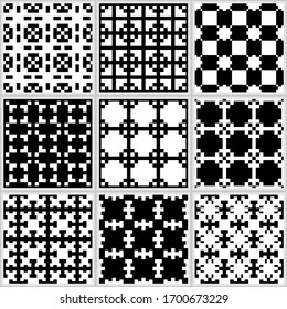 Crosses, checks, squares, bars seamless patterns collection. Geometrical ethnic ornaments set. Tribal wallpapers kit. Folk prints. Geometric backgrounds. Retro motif. Abstract images. Vectors bundle.