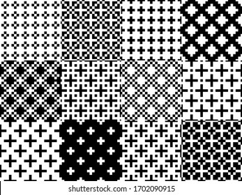 Crosses, checks, squares seamless patterns collection. Geometrical ethnic ornaments set. Folk prints. Tribal wallpapers kit. Geometric backgrounds. Retro motif. Abstract images. Vectors bundle.