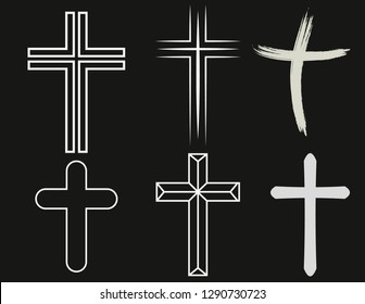 Crosses of christian religion. Set of isolated orthodoxy and catholicism divine symbols in shape of cross, Jesus Christ and God, faith sign.