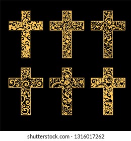 Crosses of christian religion. Set of isolated orthodoxy and catholicism divine symbols in shape of cross, Jesus Christ and God, faith sign. Church and pray, religion and resurrection. Vector