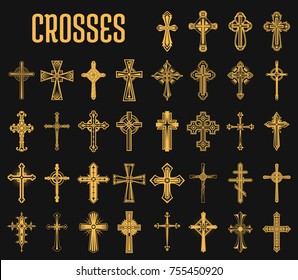 Crosses of christian religion. Set of isolated orthodoxy and catholicism divine symbols in shape of cross, Jesus Christ and God, faith sign. Church and pray, religion and resurrection, believe theme