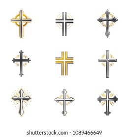 Crosses of Christianity emblems set. Heraldic vector design elements collection. Retro style label, heraldry logo.