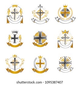 Crosses of Christianity emblems set. Heraldic vector design elements collection. Retro style label, heraldry logo.