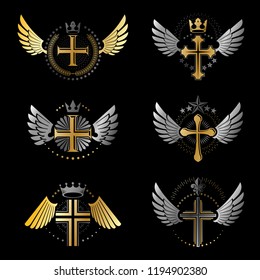 Crosses of Christianity emblems set. Heraldic vector design elements collection. Retro style label, heraldry logo.