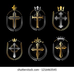 Crosses of Christianity emblems set. Heraldic vector design elements collection. Retro style label, heraldry logo.